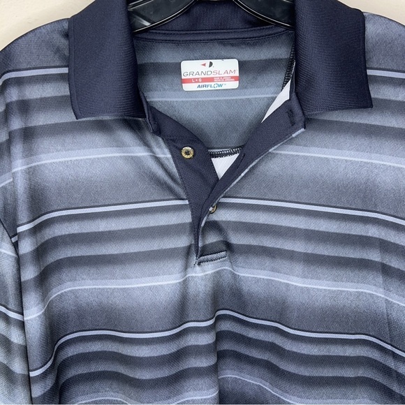 Large Grand Slam Grey Black Striped Polo Shirt Golf Athletic Activewear - Picture 3 of 9